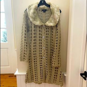 Light green knit sweater jacket with faux fur and crystal snap buttons.